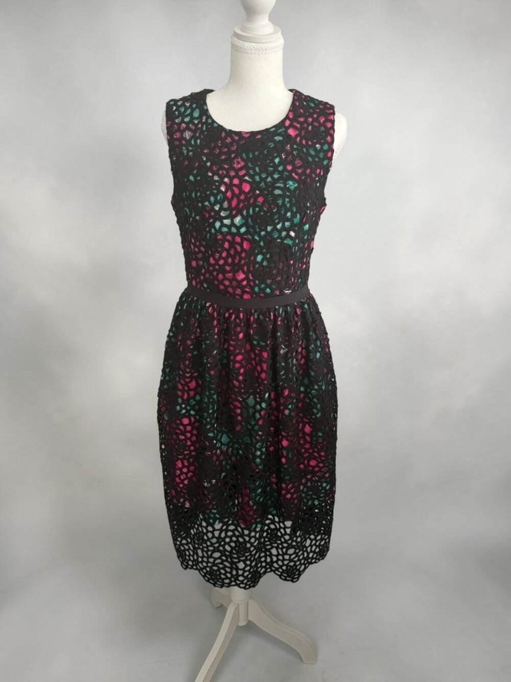 WOLVEN Pink Green Eyelet A Line Dress Size 6